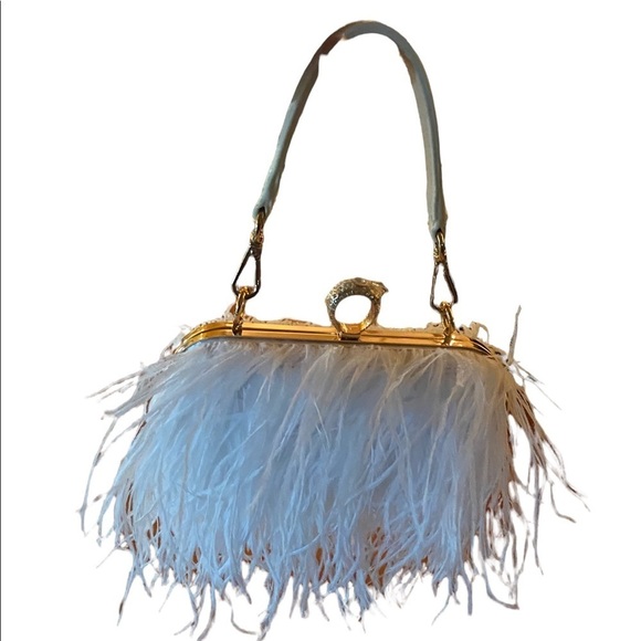 Brand New Ostrich Feather Purse/ Interchangeable Leather Strap and Gold Chain - Picture 4 of 5